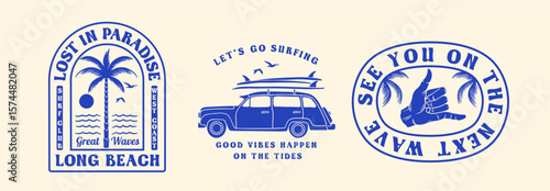 Retro-style vector set with surfing-themed graphics, beach vibes, vintage car, palm trees, and coastal slogans. Perfect for t-shirts, summer, and surf designs.