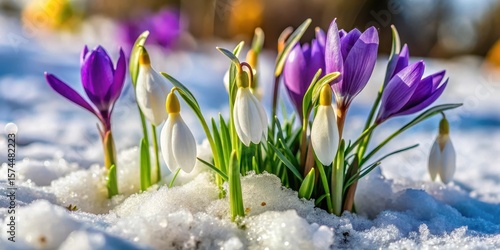 close-up view of blooming crocuses and snowdrops emerging from melting snow