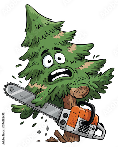 Scared cartoon christmas tree being cut down by a chainsaw