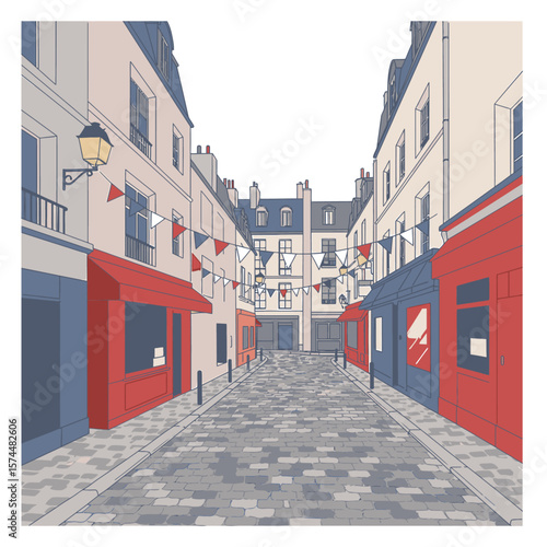 Perspective view down a narrow city street lined with colorful buildings and festive flags