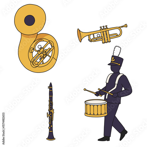 Marching band with tuba trumpet clarinet and drummer in uniform