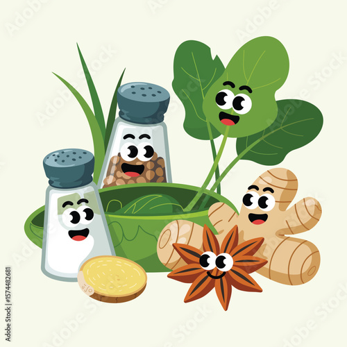 Cute cartoon characters of salt pepper ginger star anise and herbs in a bowl