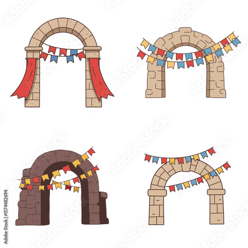 Illustration of four stone archways adorned with colorful pennant banners and draped cloth