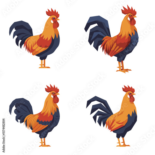 Four polygonal roosters with vibrant colors on a white background