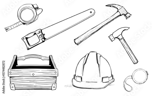 Hand drawn vector sketch of construction tools including hard hat, wooden toolbox, hammer, saw, retractable tape measure