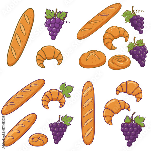 Cartoon drawing with bread grapes and pastries arranged in rows on a white background
