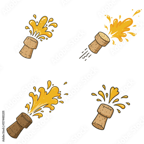 A cork popping and spraying champagne in four cartoon iterations