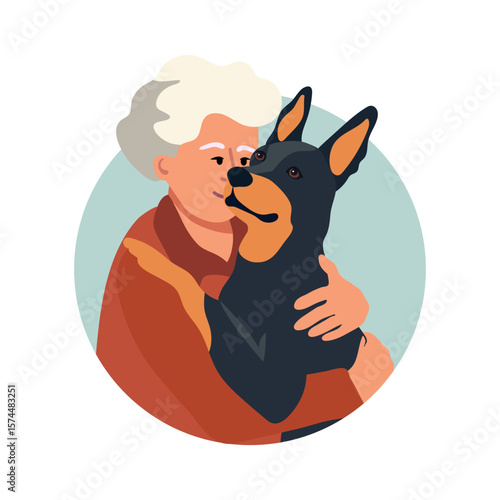 Elderly woman hugging a Doberman in circle illustration, expressing love and companionship