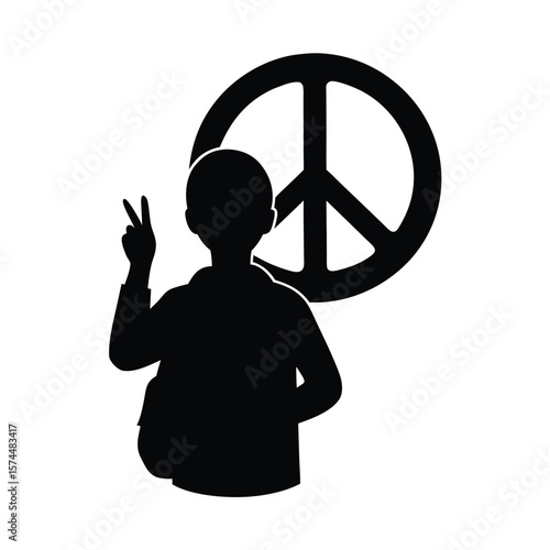Black silhouette of person with peace sign and victory gesture on white peace symbol