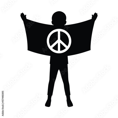 Black silhouette of young person holding white peace sign flag child