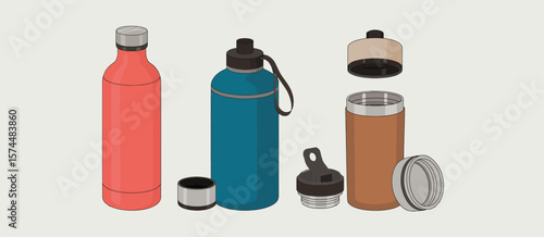 Collection of colorful reusable water bottles and travel mugs with lids