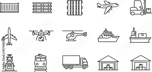 A collection of transportation and logistics icons showcasing various modes of transport and storage isolated on white background