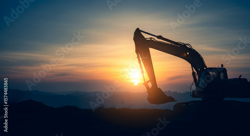 Silhouette of excavator at sunset