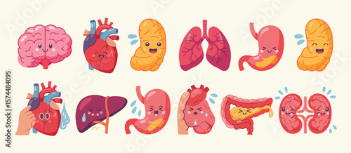 Cute cartoon human organs with faces expressing emotions and feelings