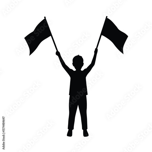 Silhouette of a person holding up two black flags against a white background vector