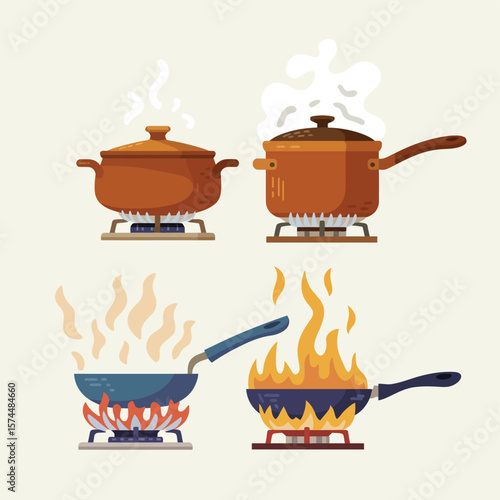 Four cooking pots and pans on gas stoves with steam and flames
