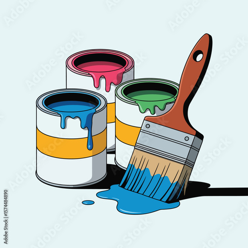 Paintbrush with dripping blue paint and cans of colorful paint
