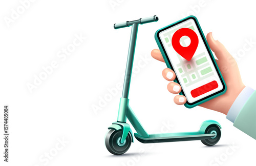 Electric scooter rental, eco-friendly transport, rent and payment via mobile app. Vector illustration.