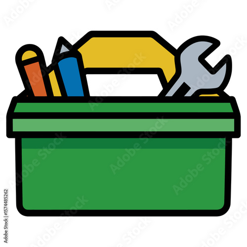 Green toolbox holds tools inside bright workroom illustration