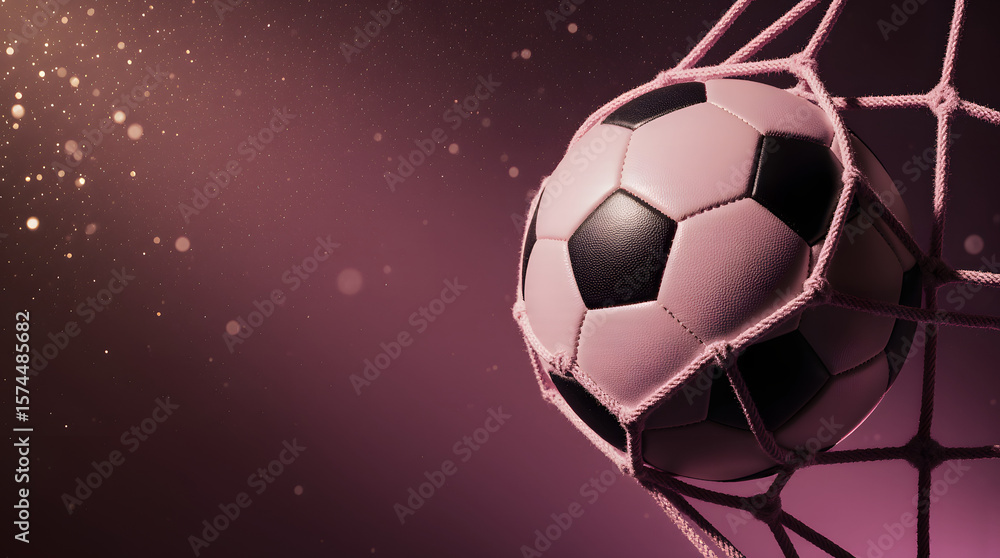 Naklejka premium Soccer ball hitting net with sunset sky in background