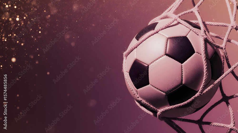 Obraz premium Soccer ball hitting net with sunset sky in background