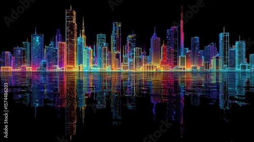 The night comes alive in a technological utopia with bold neon colors enveloping a stylized wireframe skyline as reflections in the water amplify the essence of a modern metropolis
