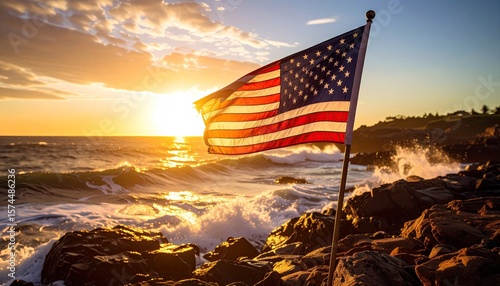 American flag at sunrise over ocean waves