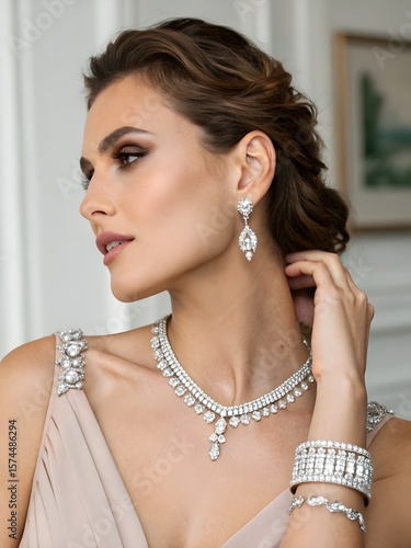 Elegant woman wearing diamond jewelry set including necklace earrings and bracelet in studio shot