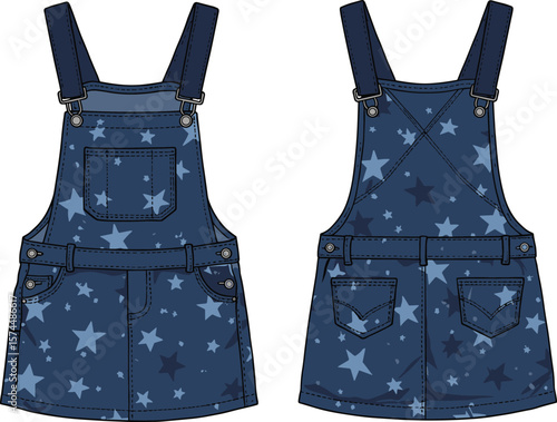 Trendy kids' denim overall dress with star pattern print, front pocket, and adjustable straps cad drawing flat vector illustration