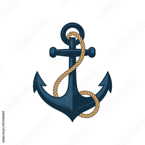 Classic navy blue anchor with thick rope illustration on white background