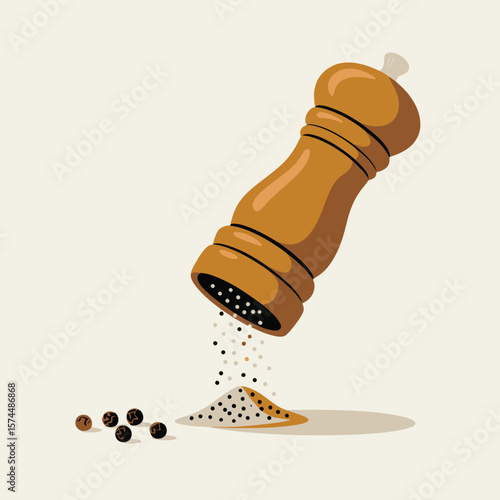 Wooden pepper mill grinding peppercorns into a pile of seasoning