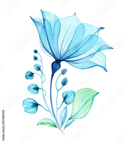 Watercolor Transparent Flower. Composition with big blue petals, buds and leaves. Abstract painting with turquoise florals. Hand painted vibrant illustration