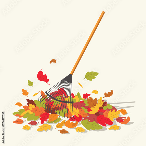 Autumn rake gathering colorful fallen leaves in a pile on a light background