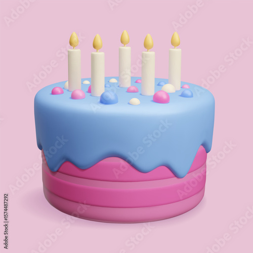 Cute pink and blue Birthday cake with candles, glaze and confetti topping 3D style vector illustration. Boy or girl gender reveal party cake dessert. Sugar sweet 3D biscuit birthday cake