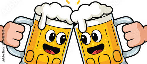 Two happy cartoon beer mugs clinking together with foamy tops