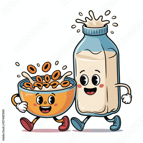 Happy cartoon bowl of cereal and milk bottle walking together