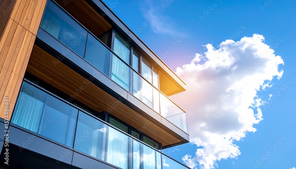 Fototapeta premium Modern Architectural Design Sleek Glass Balconies and Wood Facade