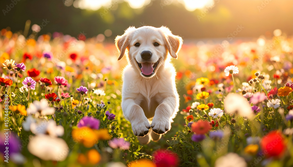 Golden Retriever Puppy in Flower Field. Golden Retriever Puppy in Flower Field.