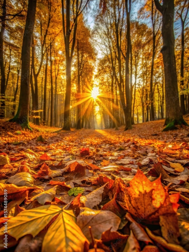 Fototapeta premium Golden sunlight filtering through fallen leaves on a forest floor with vibrant orange and yellow hues