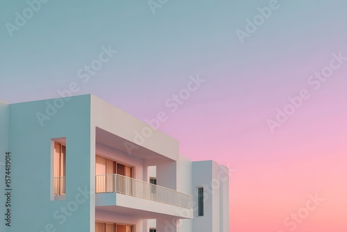 Modern White Building Against Pastel Sunset Sky.