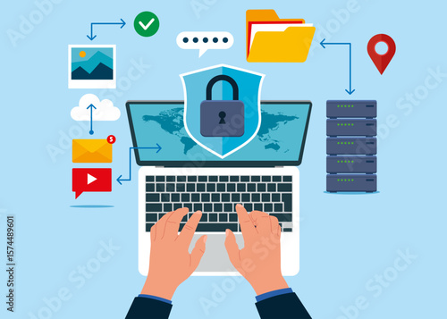 Top view of man working using laptop. Shield with padlock inside on screen laptop. Concept of data security technology. Storage and indexing of information. Flat vector illustration.