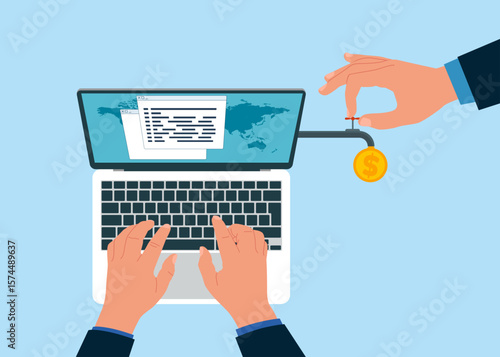 Top view of man working using laptop. Software engineer and laptop with money. Financial investments. Dollar coins out of the tap laptop. Bribe, salary. Flat vector illustration 
