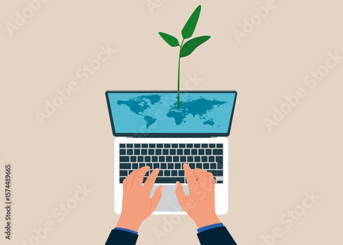 Top view of man working using laptop. Growth seedling on laptop. Modern vector illustration in flat style