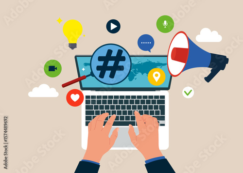 Top view of man working using laptop. Searchable Hashtag on a laptop denoting content. Communication. Vector illustration in flat style