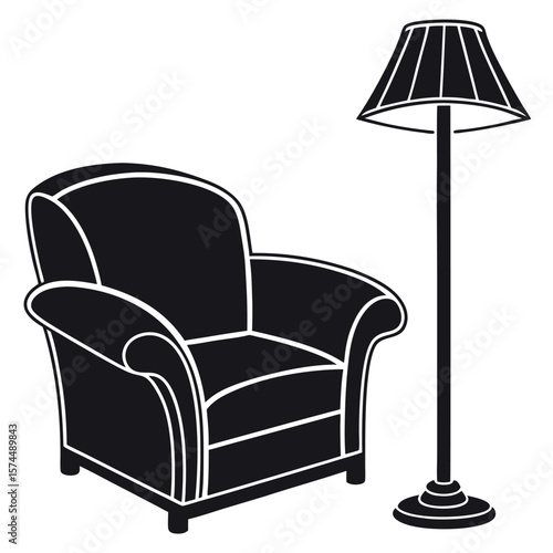 Armchair and floor lamp silhouette isolated on white background