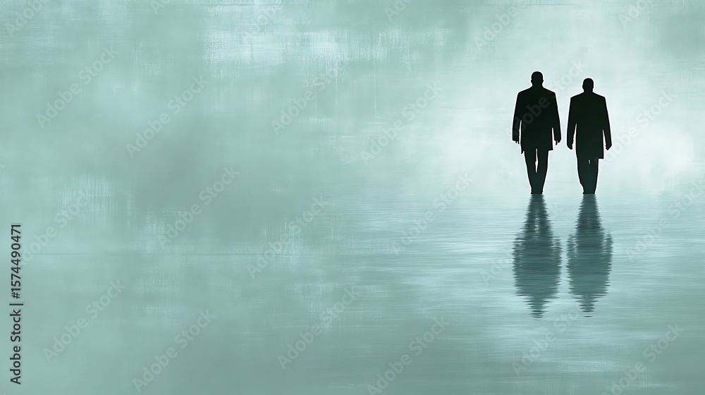 Fototapeta premium Two figures walking on a still surface.