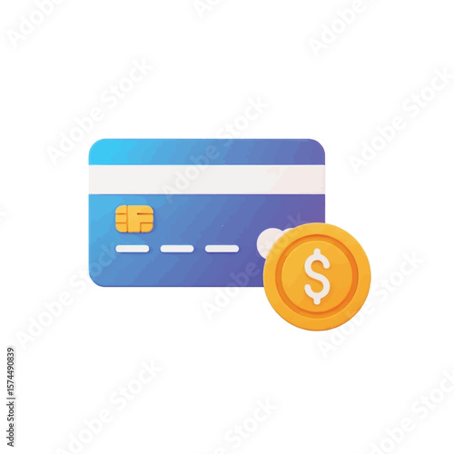 Credit card and coin with dollar sign, digital illustration.
