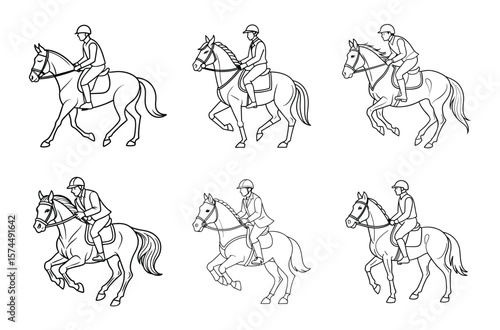 Set of Horse Riding and Equestrian Sports Line Drawings.