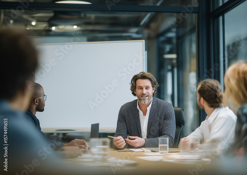 Group of business people in an office sitting around a table, discussing ideas. A man holds a pen and points at a blank whiteboard, promoting teamwork, planning, and strategy