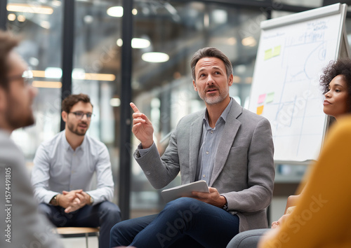 Group of business people in an office sitting around a table, discussing ideas. A man holds a pen and points at a blank whiteboard, promoting teamwork, planning, and strategy